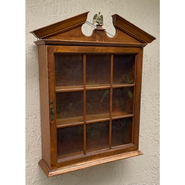 Vintage Solid Wood Hanging Wall Cabinet / Curio & Brass Eagle Finial For Sale - Image 10 of 17