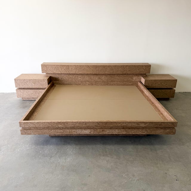 Mid-Century Modern Vintage Postmodern 1980s Burlwood King Platform Bed & Nightstands For Sale - Image 3 of 12