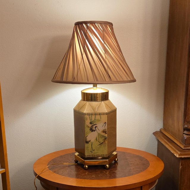 Vintage Chinoiserie Hexagonal Reverse-Painted Glass & Brass Table Lamp For Sale - Image 12 of 15