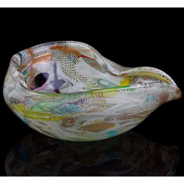 Vintage Murano Silver Leaf Confetti Cut Canes Ribbons Italian Art Glass Decorative Heart Shape Bowl For Sale In Orlando - Image 6 of 13