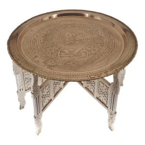 Vintage Indian Incised Brass Tray on Anglo – Indian Wood–carved Folding Stand