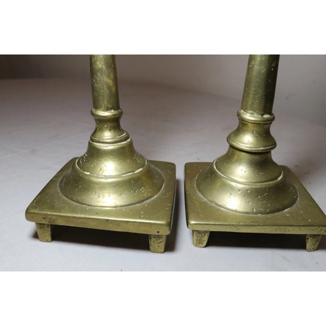 Brass Rare Pair Primitive Antique 18th Century Turned Brass Candlestick Candle Holder For Sale - Image 8 of 11
