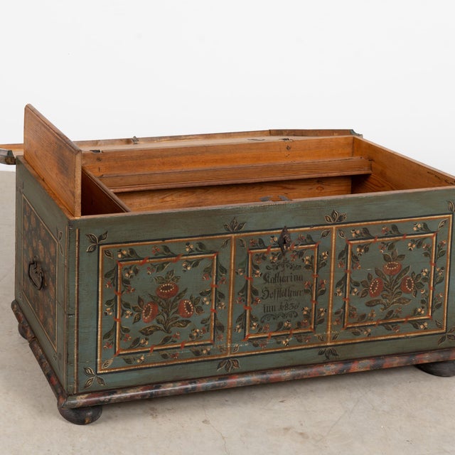 Hungarian pine trunk dated 1836 with a wonderfully preserved original hand-painted folk art finish. Decorative panels,...