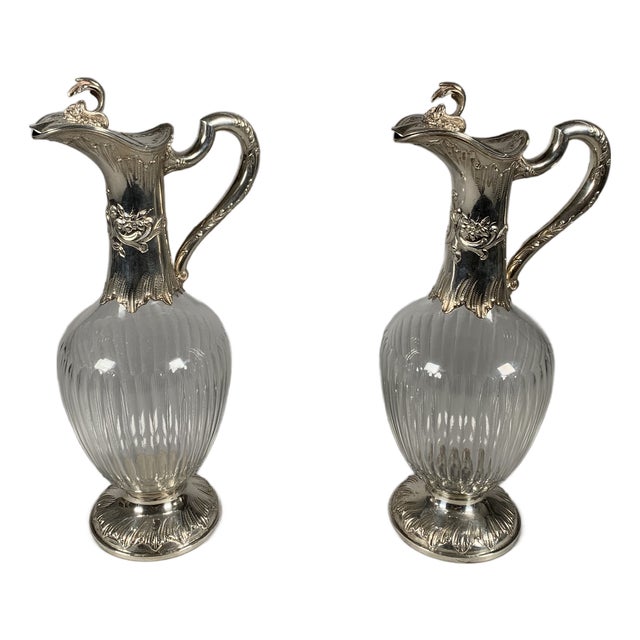 Antique Rococo Crystal and Silver Ewers, 1850, Set of 2 For Sale
