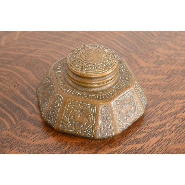 Tiffany Studios New York 'Zodiac' Bronze Doré Large Inkwell For Sale In South Bend - Image 6 of 13