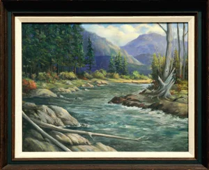 Mid Century Idaho Pack River Landscape Painting by Laura Lindberg