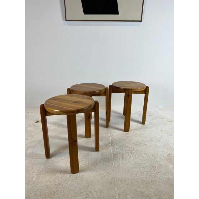 Mid-Century Modern Vintage Pine Stools, 1970s, Set of 3 For Sale - Image 3 of 16