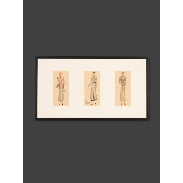 Original fashion drawings from the 1920s in a set of 3. Colored pencil drawings on paper. Ready to hang framed with passe-...