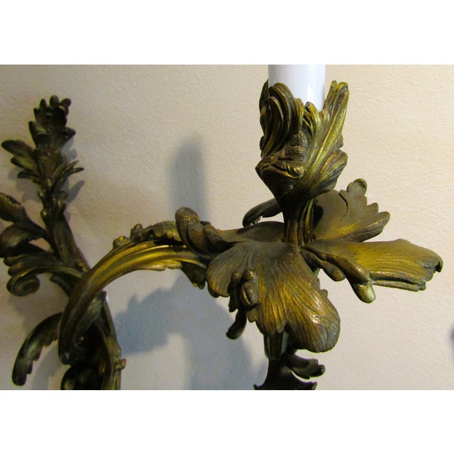 Antique Pair French 19th Century Louis XV Gilt Bronze Two Light Wall Sconces For Sale - Image 11 of 18
