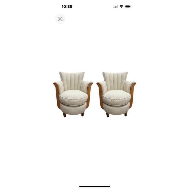 Pair Of French Art Deco Bergeres. Offered is a stunning pair of French Art Deco walnut chairs, club chairs, lounge chairs...