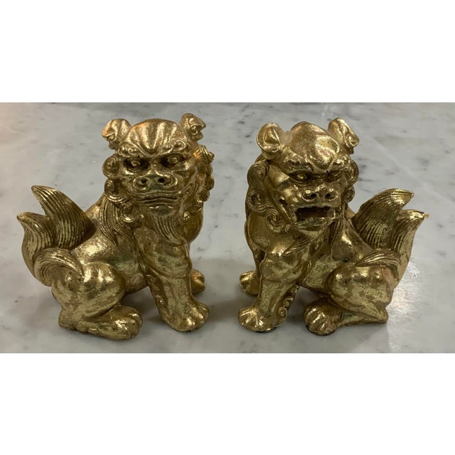 Chinoiserie Pair of Chinoiserie Gold Gilt Foo Dog Accents or Bookends by Sadek. Great for Palm Beach Regency, Hollywood Regency, Feng Shui or Traditional Decor For Sale - Image 3 of 9