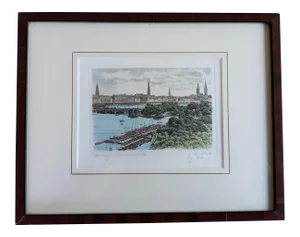 Early 20th Century "Lombard Bridge in Hamburg Germany" Etching by Albrecht Bruck