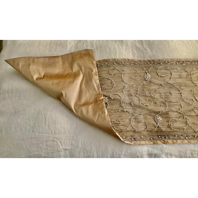 Gold Asian Zardosi Embroidered Silk Decorative Table Runner Throw For Sale - Image 8 of 10