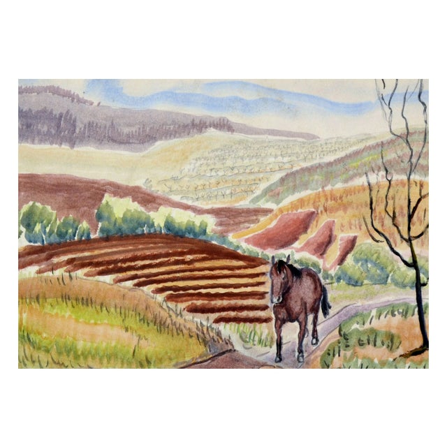 American Horse in the Fields - 1930's Watercolor Figurative Landscape by John Stellman For Sale - Image 3 of 6