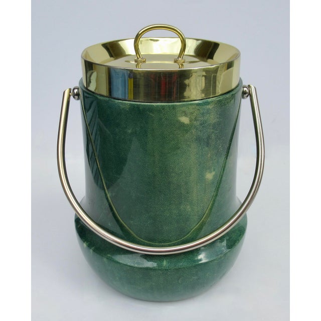 Vintage: C.1955-1960's, is this original, Italian, Aldo Tura signed, malachite Green Goatskin & Brass Lidded Ice Bucket....