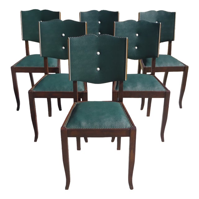 Art Deco Chairs in Wood and Green Faux Leather, 1940s, Set of 6 For Sale