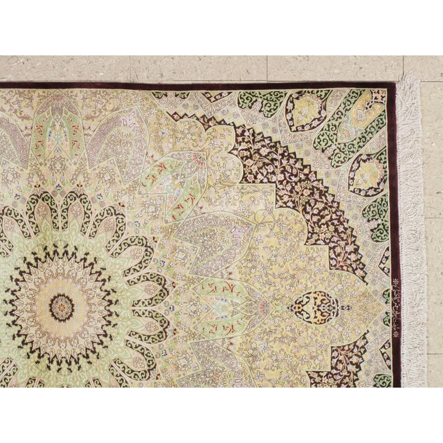 Late 20th Century Rare Finely Woven Persian Silk Qum, Handmade Oriental Rug, Ivory, Brown For Sale - Image 9 of 18