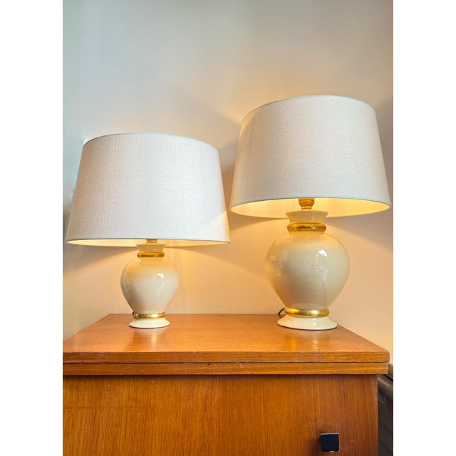 Vintage French Table Lamps in Ivory / Gold Crackled Ceramic from Maison Le Dauphin, 1970s, Set of 2 For Sale - Image 13 of 13