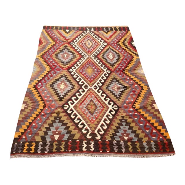 Vintage Turkish Kilim Rug - 5′5″ × 8′5″ For Sale