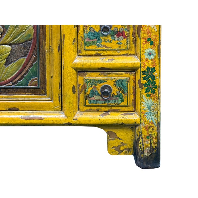 Vintage Chinese Yellow Lacquered Wood Credenza Sideboard Carved Scenic Panels For Sale - Image 10 of 18