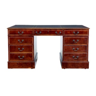 Mahogany and Burr Leather Top Pedestal Desk, 1990s For Sale