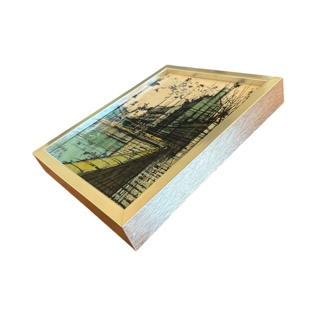 Mid-Century Modern Original Enzo Linca Brutalist Architectural Cityscape Painting in Original Aluminum Frame For Sale - Image 3 of 9