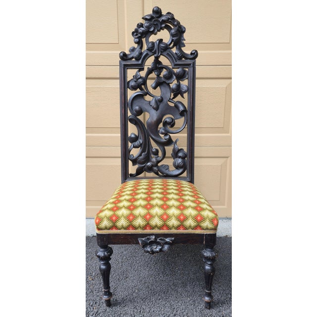Pair of High Back 49" Side Chairs in Black Walnut Heavily Carved Black Forest Rococo Renaissance Revival For Sale - Image 9 of 17