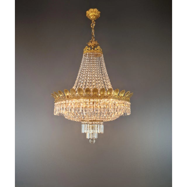 Art Deco Antique Art Nouveau Low Oval Plafonnier Crystal Chandelier Brass For Sale - Image 3 of 15
