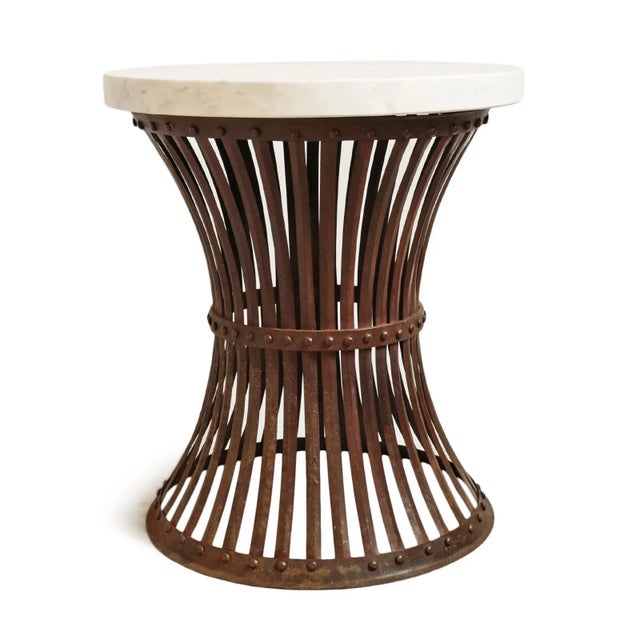 Farmhouse Vintage White Marble & Iron Rivet Band Side Table For Sale - Image 3 of 10