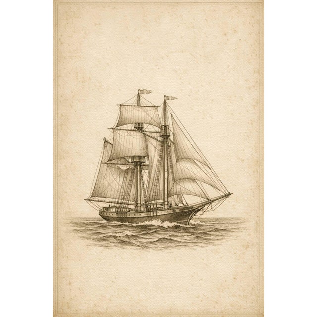Antique Sailing Ship Study, Minimalist Nautical Art Print, 24″ × 36″ For Sale