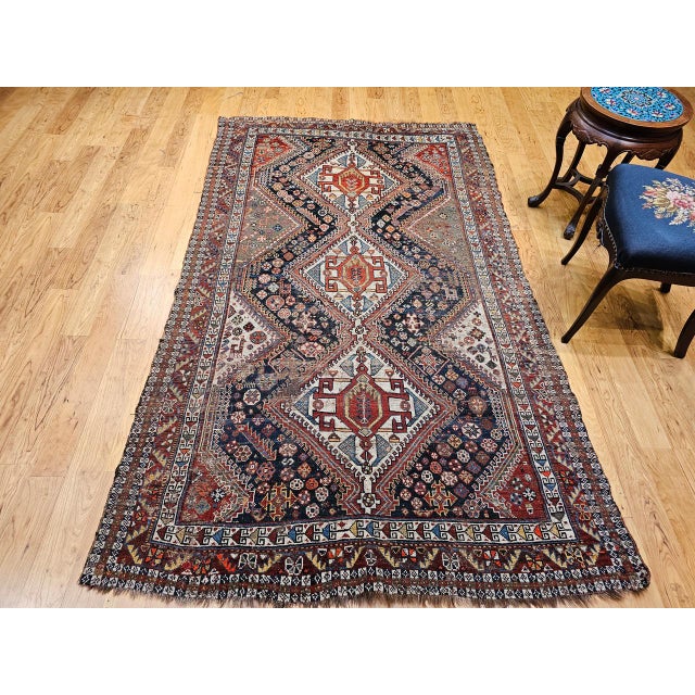 19th Century Vintage Persian Qashqai Tribal Area Rug, Hand-Knotted Wool, Geometric Medallions, 4x7, Navy & Red For Sale - Image 5 of 18