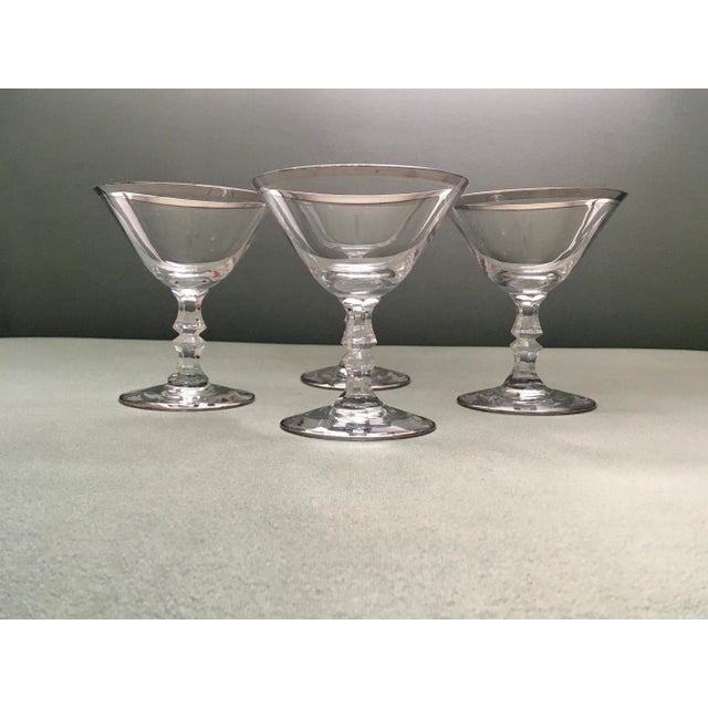 Hollywood Regency 1960s Silver Trimmed Facet Stemmed “Debut” Cocktail Glasses- Set of 4 For Sale - Image 3 of 13