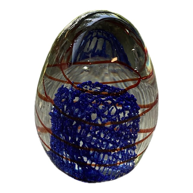 1960s Murano Attributed Paperweight Blue Red Ribbon Italian Art Glass For Sale