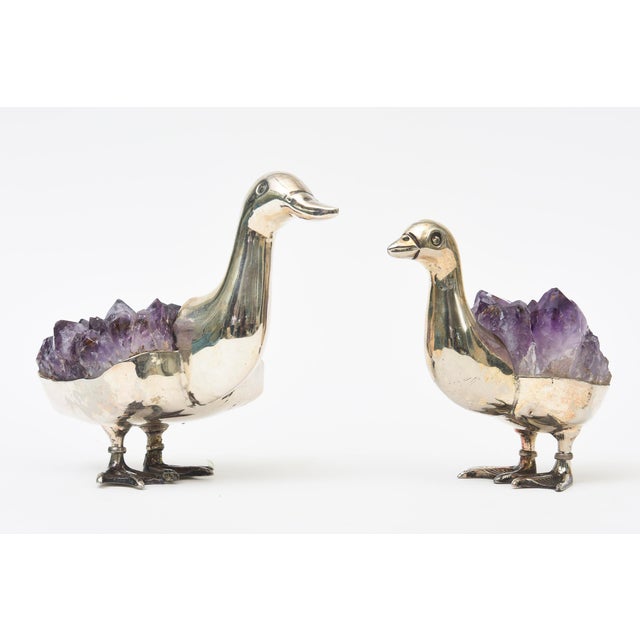Signed Gerson Silver Plate and Amethyst Duck Sculptures Pair of 90's For Sale - Image 4 of 11