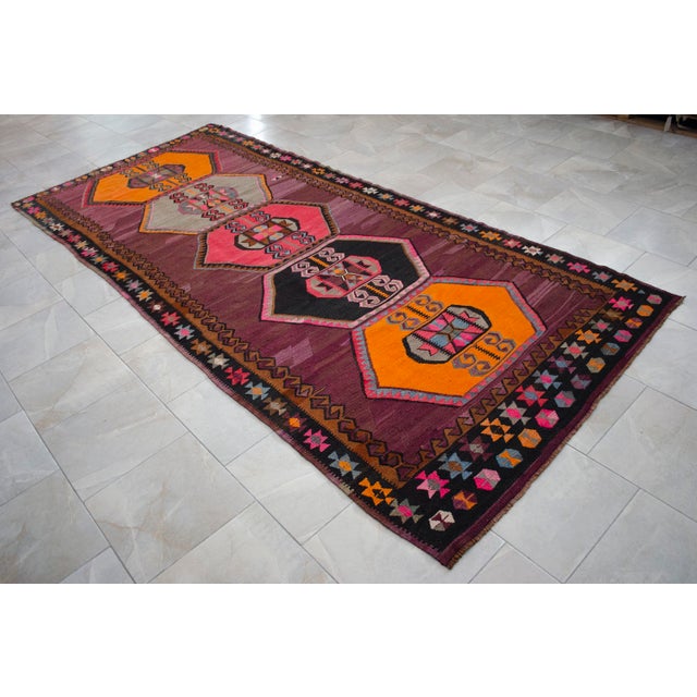 Handwoven Turkish Kilim Anatolian Flat Weave Purple Rug For Sale - Image 16 of 16