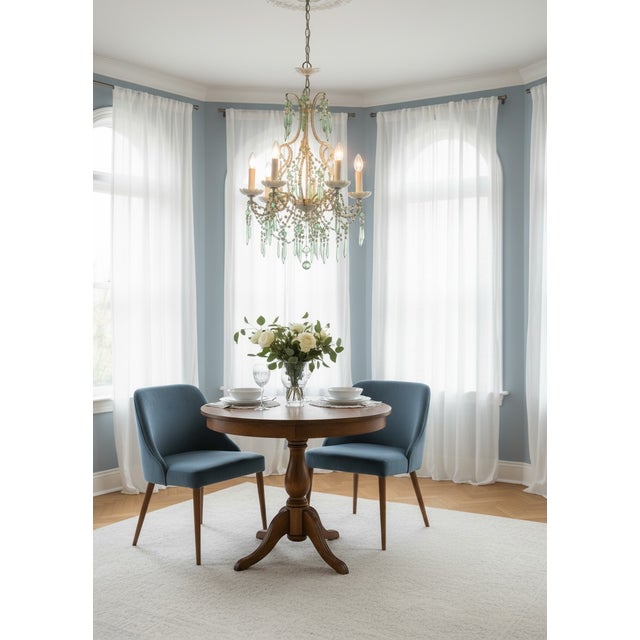 1950s Opaline Glass Beaded Chandelier Pastel Blue & Green Crystal Drops Elegant mid-century chandelier dating from the...