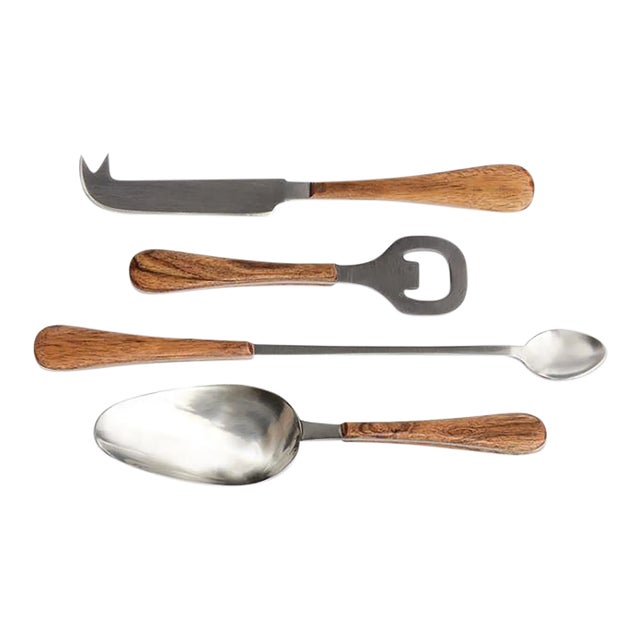 Wood & Stainless Cocktail Accessories Set - Set of 4 For Sale