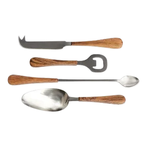 Wood & Stainless Cocktail Accessories Set - Set of 4
