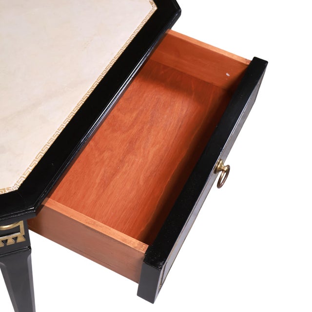 Pair of Jansen Style Ebonized Leather Top End Tables With Greek Key Design, 1940 For Sale - Image 6 of 16