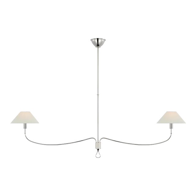 Amber Lewis for Visual Comfort Signature Griffin Grande Linear Chandelier in Polished Nickel and Parchment Leather with Linen Shades For Sale