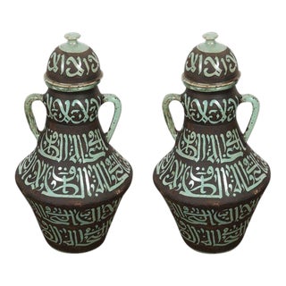 Moroccan Green and Brown Chiselled Ceramic Urns With Handles - a Pair For Sale