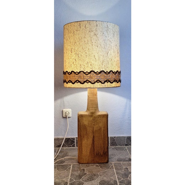 Large Vintage Table Lamp with Beige-Brown Ceramic Base and Original Fabric Shade, 1970s For Sale - Image 11 of 11