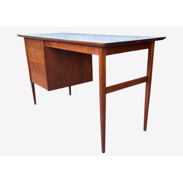 Mid-Century Modern Walnut Desk With White Laminate Top – Restored Vintage Writing Table For Sale - Image 11 of 12