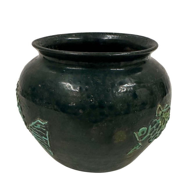 Vintage Decorative Pottery Fish Jar With Dark Green Glaze For Sale In Los Angeles - Image 6 of 8