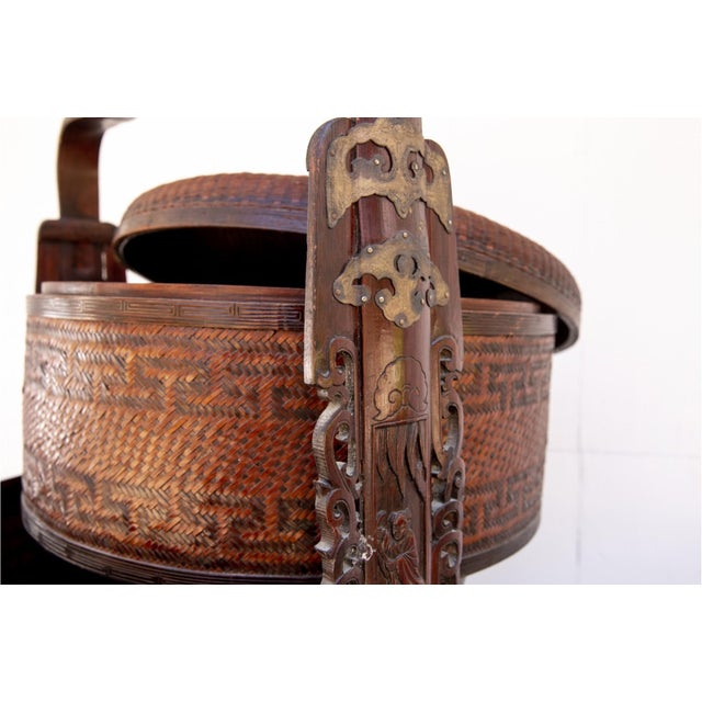 Wood Antique Chinese Woven Bamboo Wedding Basket For Sale - Image 7 of 14