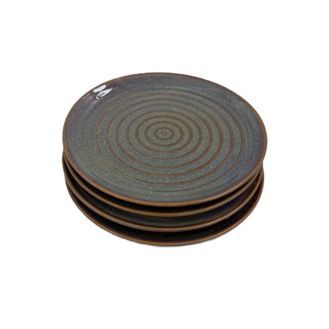 Modern Vietnamese Dual-Glaze Stoneware Ceramic Dessert Plates With Spiral Motif - Set of 4 For Sale - Image 3 of 6