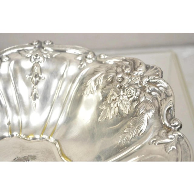 Victorian Vintage English Victorian Flower Rose Repousse Silver Plated Footed Oval Dish For Sale - Image 3 of 10