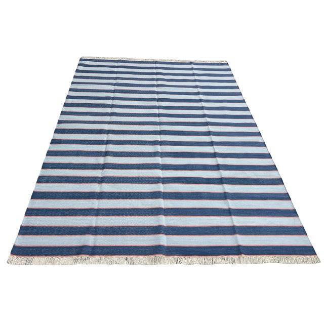 Textile Handmade Cotton Area Rug, Vegetable Dyed, Blue and Orange Striped Dhurrie -6'x9' For Sale - Image 7 of 13