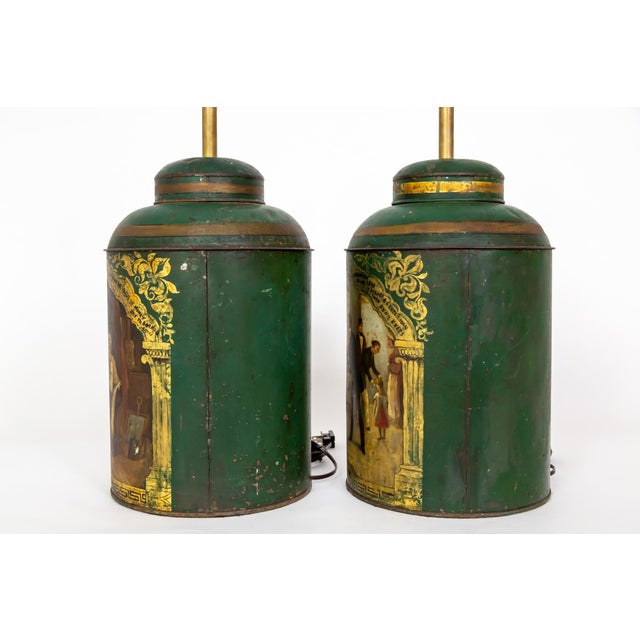 Late 19th Century Large Green Hand-Painted English Tea Canister Lamps - a Pair For Sale - Image 9 of 11