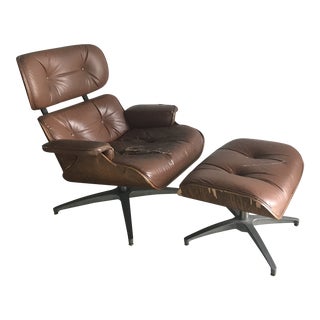 Eames Style Mid-Century Modern Brown Leather Lounge and Ottoman For Sale